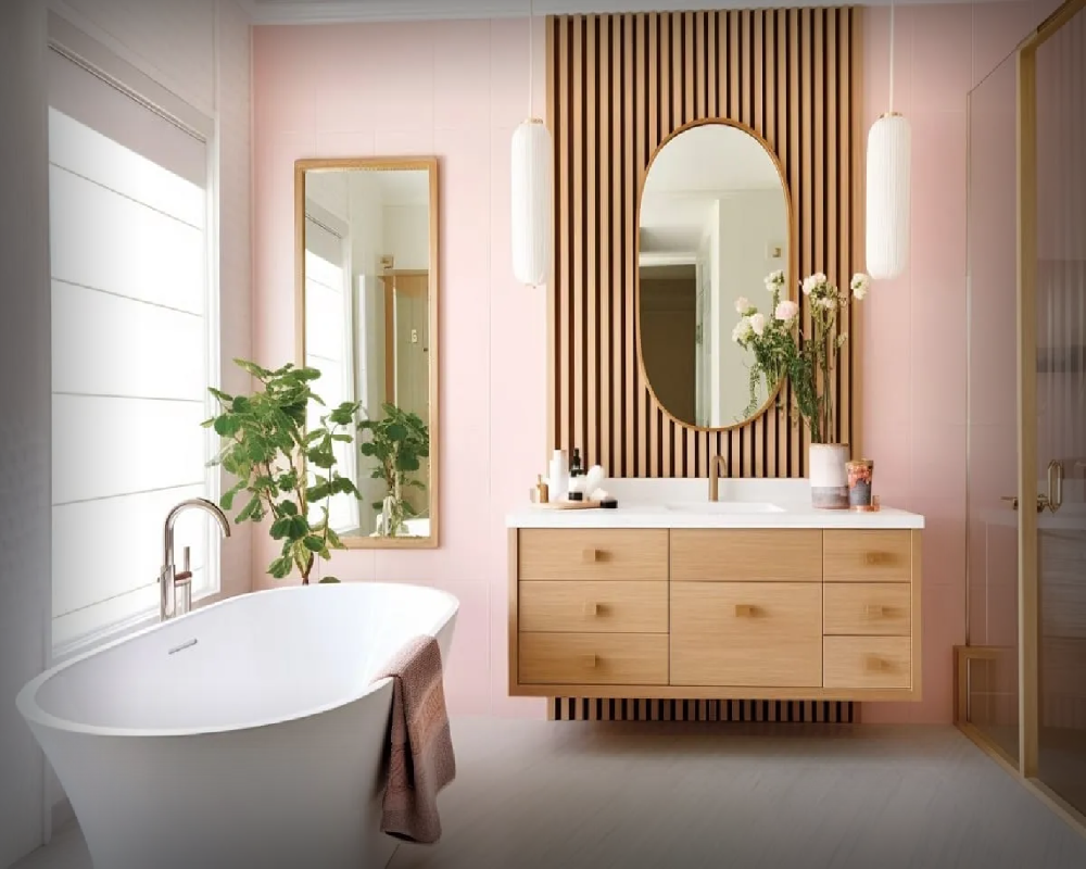 Luxury bathroom with a walk-in shower and wood vanity
